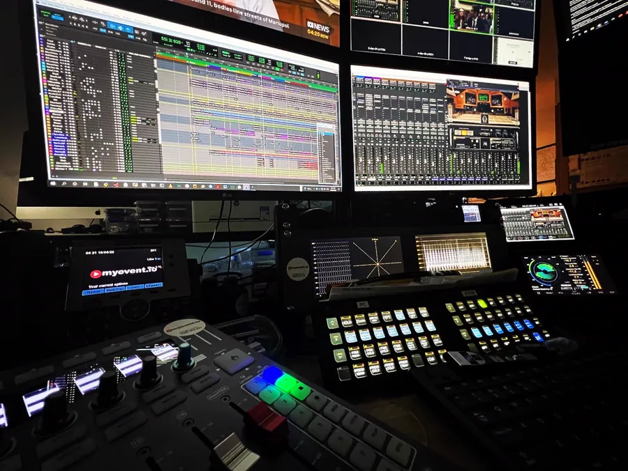 Mixing console and monitors in the production position