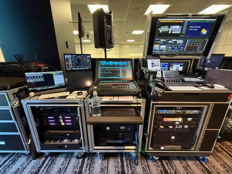 Production equipment racks built for a live event, July 2026