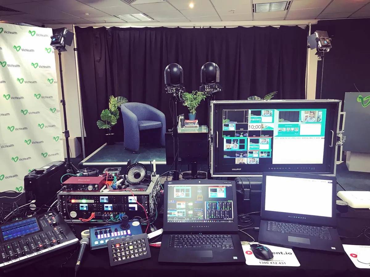 A production control room with rack, vision and audio systems